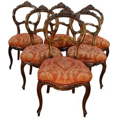 Antique Italian Louis Philippe Style Set of Six Solid Walnut Carved Chairs