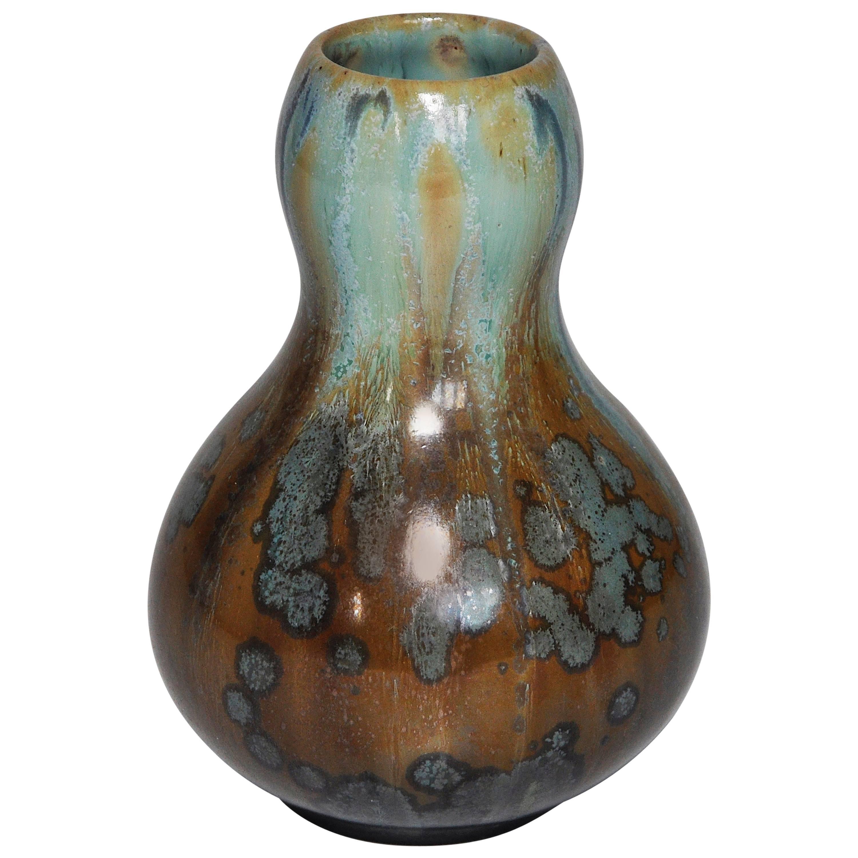 French Art Nouveau Pottery Blue Green Crystalline Glaze Pot Vase Pierrefonds For Sale