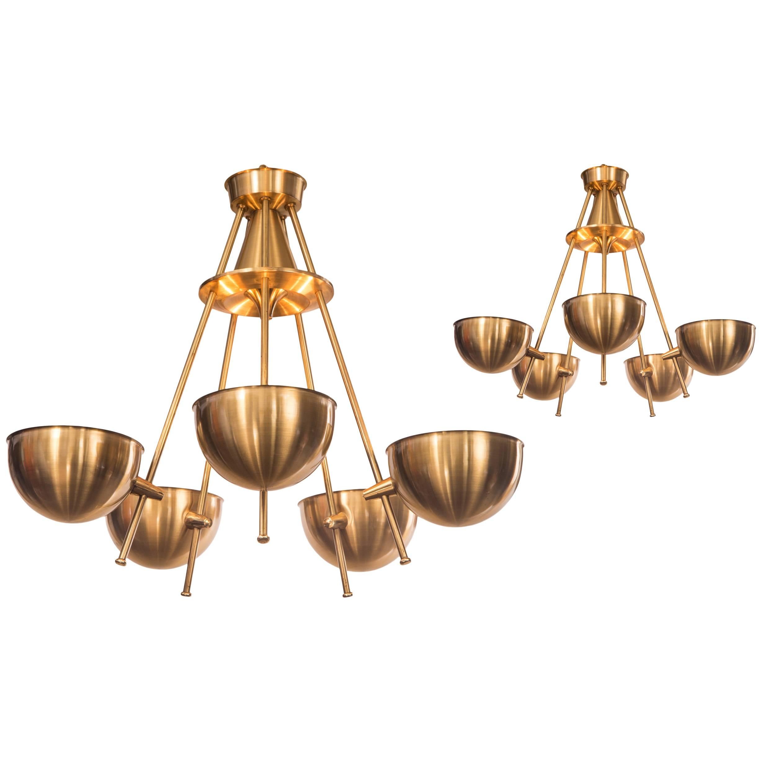 Pair of Swedish 5 Arm Brass Uplight Chandeliers