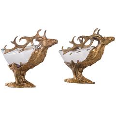 Gabriella Crespi, Pair of Exceptional Gilt Brass and Murano Glass Stag Bowls