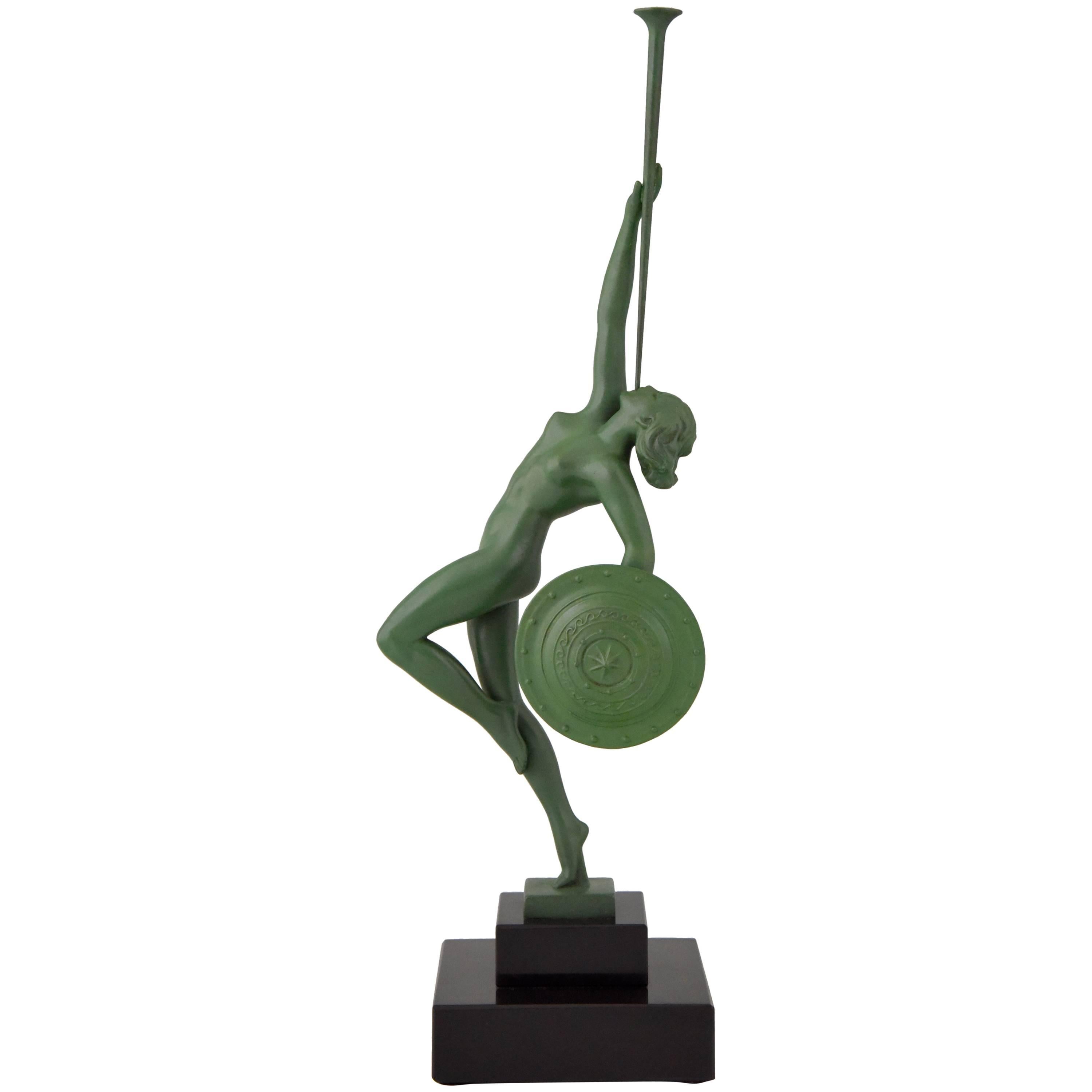 French Art Deco Sculpture Nude with Trumpet by Guerbe on Marble Base, 1930
