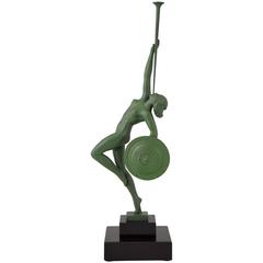 Sculpture Art Déco française Nu avec trompette par Guerbe sur base de marbre:: 1930