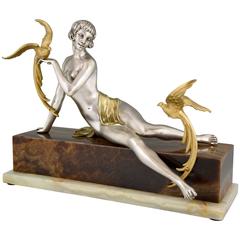 French Art Deco Bronze Sculpture Nude with Parrots by Dautrive, 1930