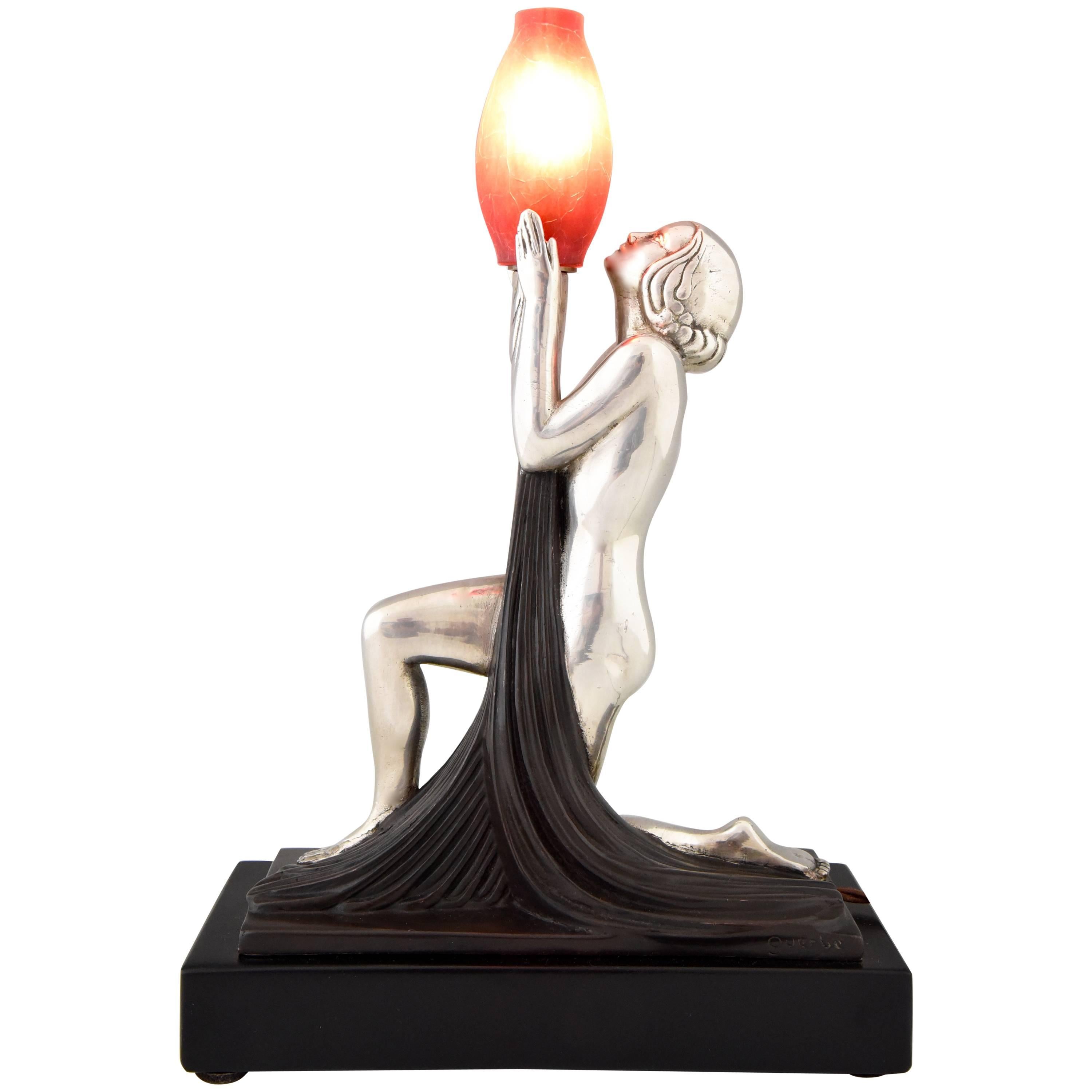 French Art Deco Lamp with Nude, Silvered Bronze and Glass by Guerbe, 1930