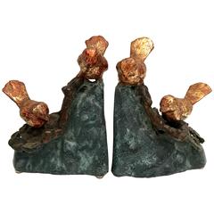 Vintage Pair of Iron Verdigris and Gilt Bird Bookend Sculptures Vintage Pair of Iron Verdigris and Gilt Bird Bookend Sculptures