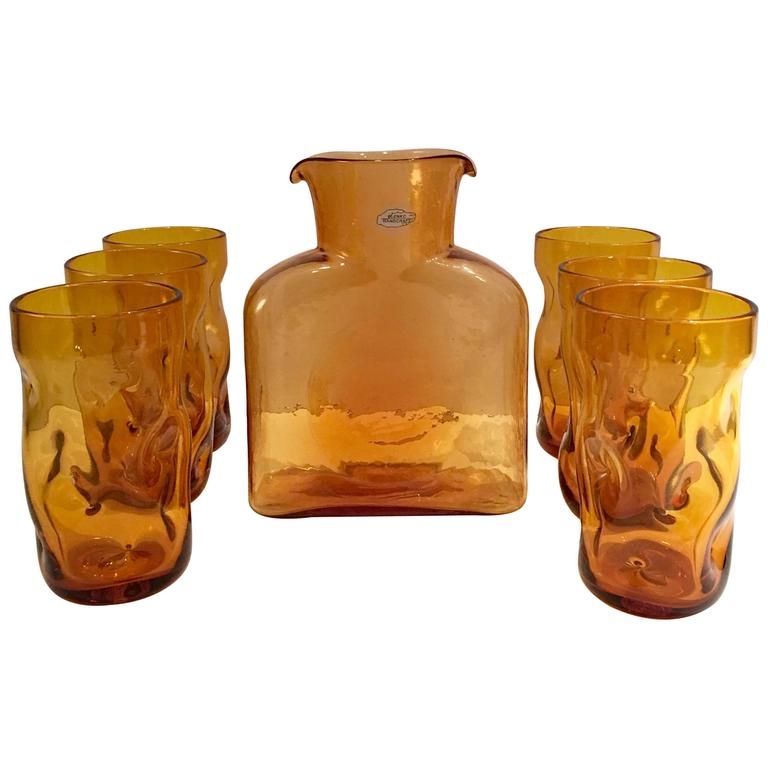 Set of Seven Blenko Glass Amber Pitcher and Glasses Drink Set at