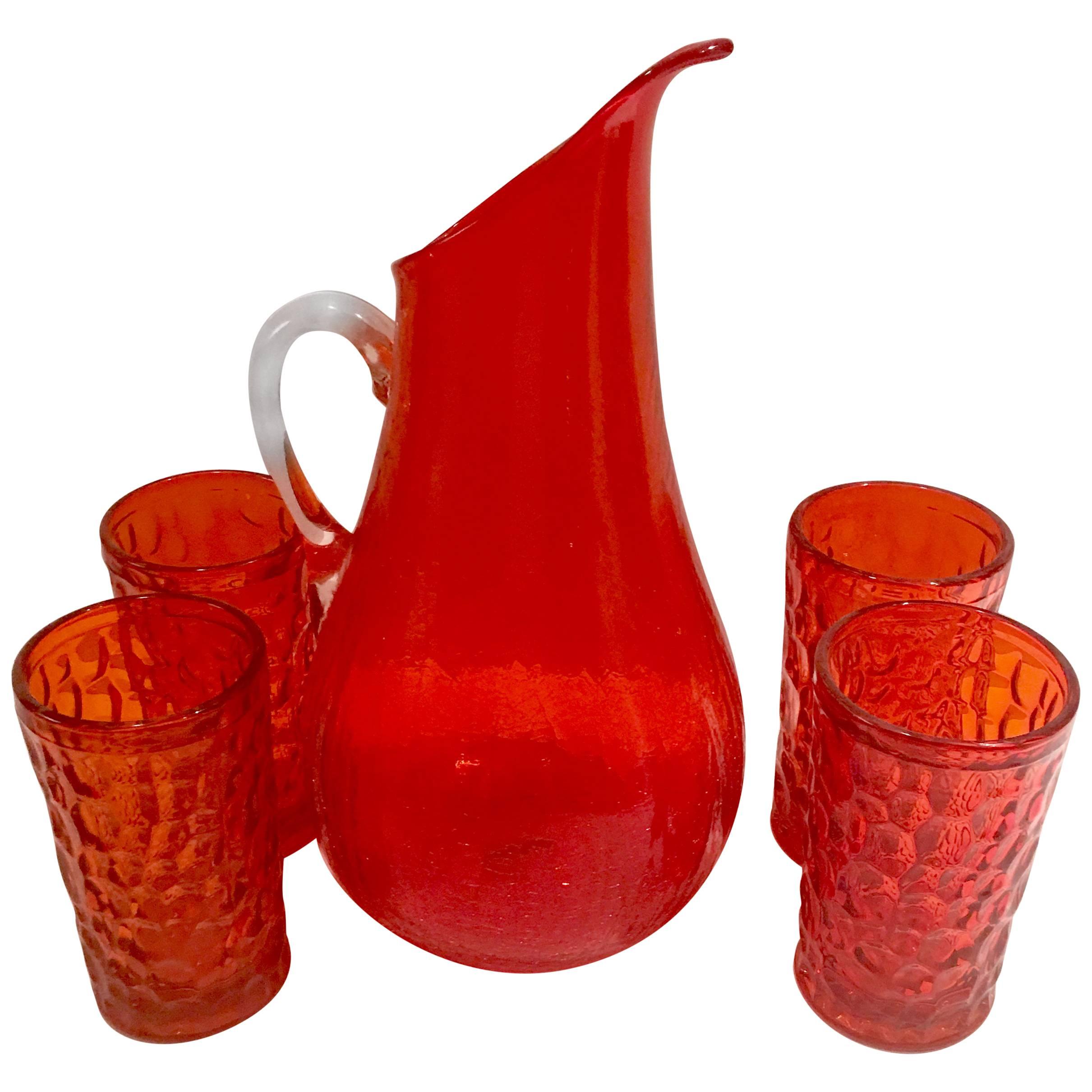 Mid-Century Modern Blenko Glass Tangerine Tumblers & Handled Drinks S/5