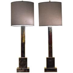 Mid-Century Modern Stepped Skyscraper Style Chrome Table Lamps and Shades, Pair 1