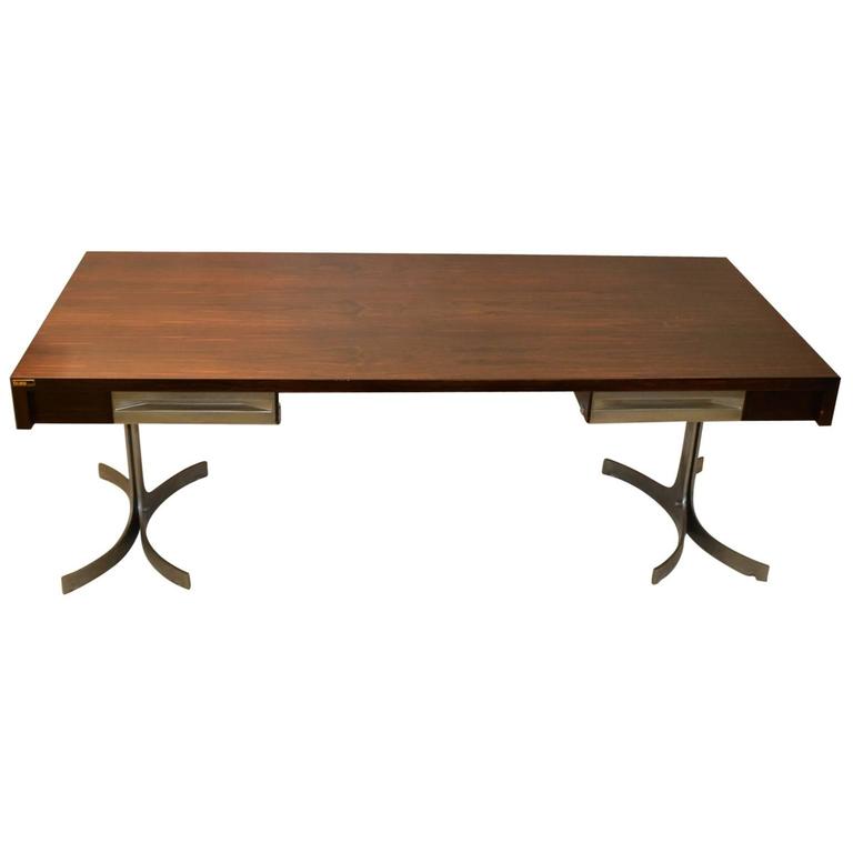 Large 1960s Executive Desk by Trau, Italy with Wooden Top on Curved