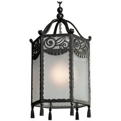Edouard Schenk, French Art Deco Wrought Iron and Glass Chandelier / Lantern
