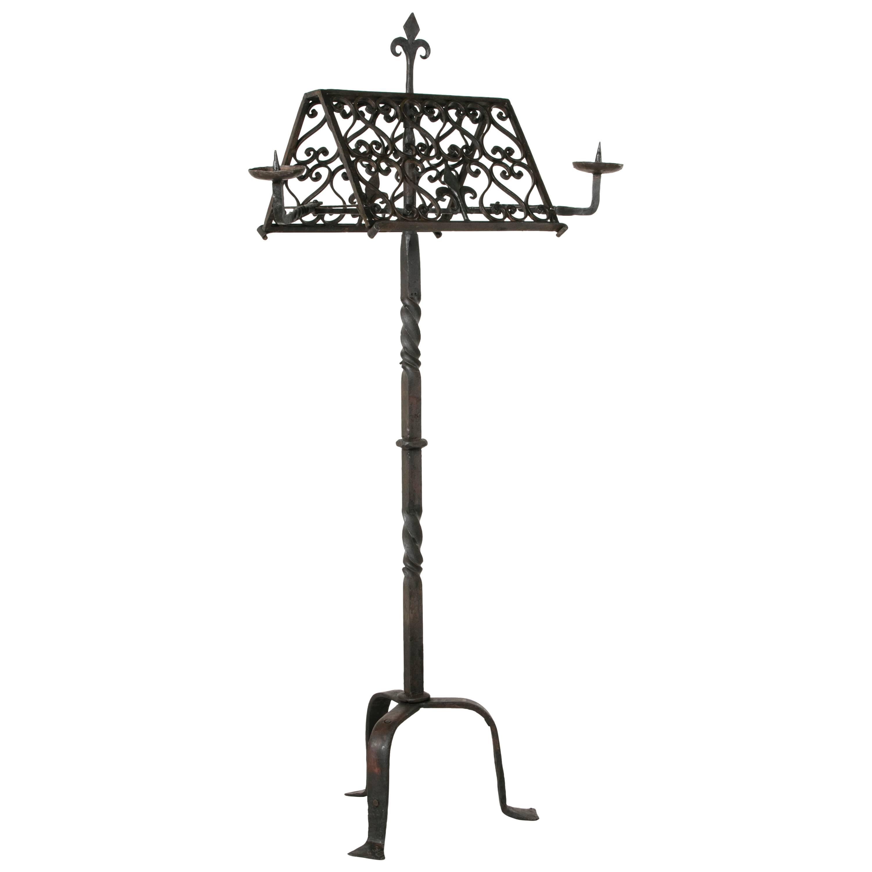 Antique French Hand-Forged Iron Double-Sided Music Stand with Fleur-de-Lys