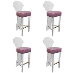 Set of Four Lucite Bar Stools with Brass Foot Rest by Hill Manufacturing