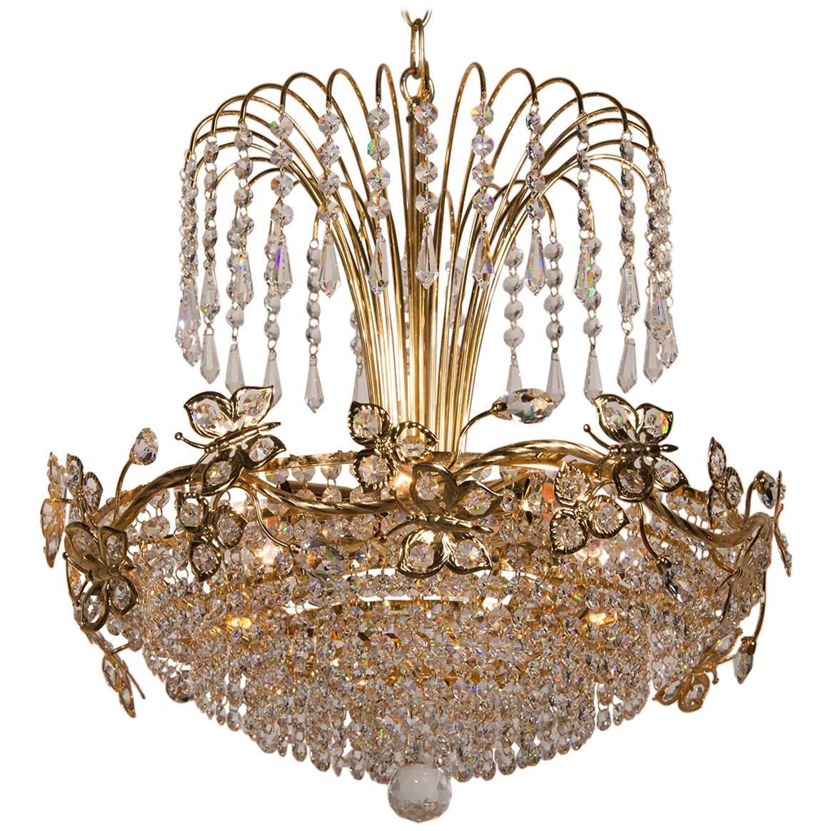 French Neo-Empire Style Vintage Gilded "Butterflies" Chandelier with Crystal Dro