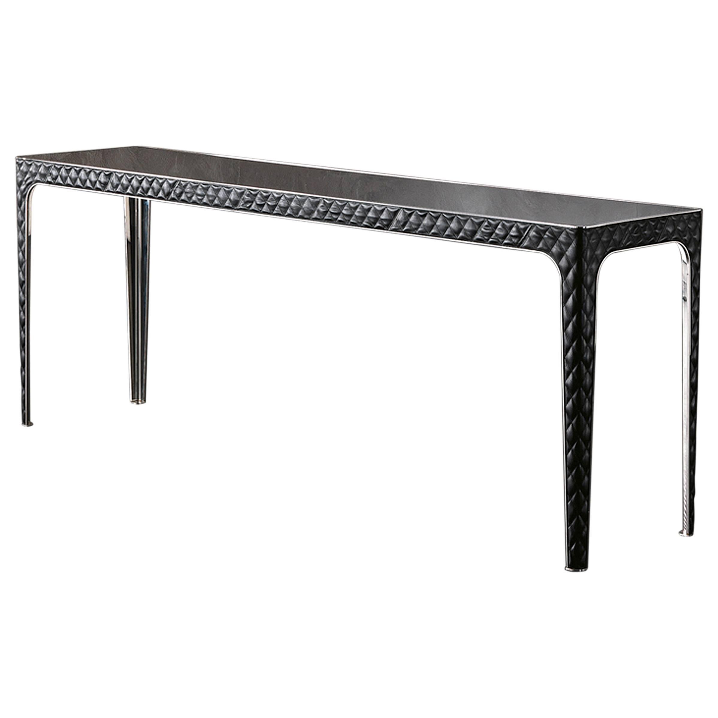 Shadow Console in Leather with Steel Legs Marble Top For Sale