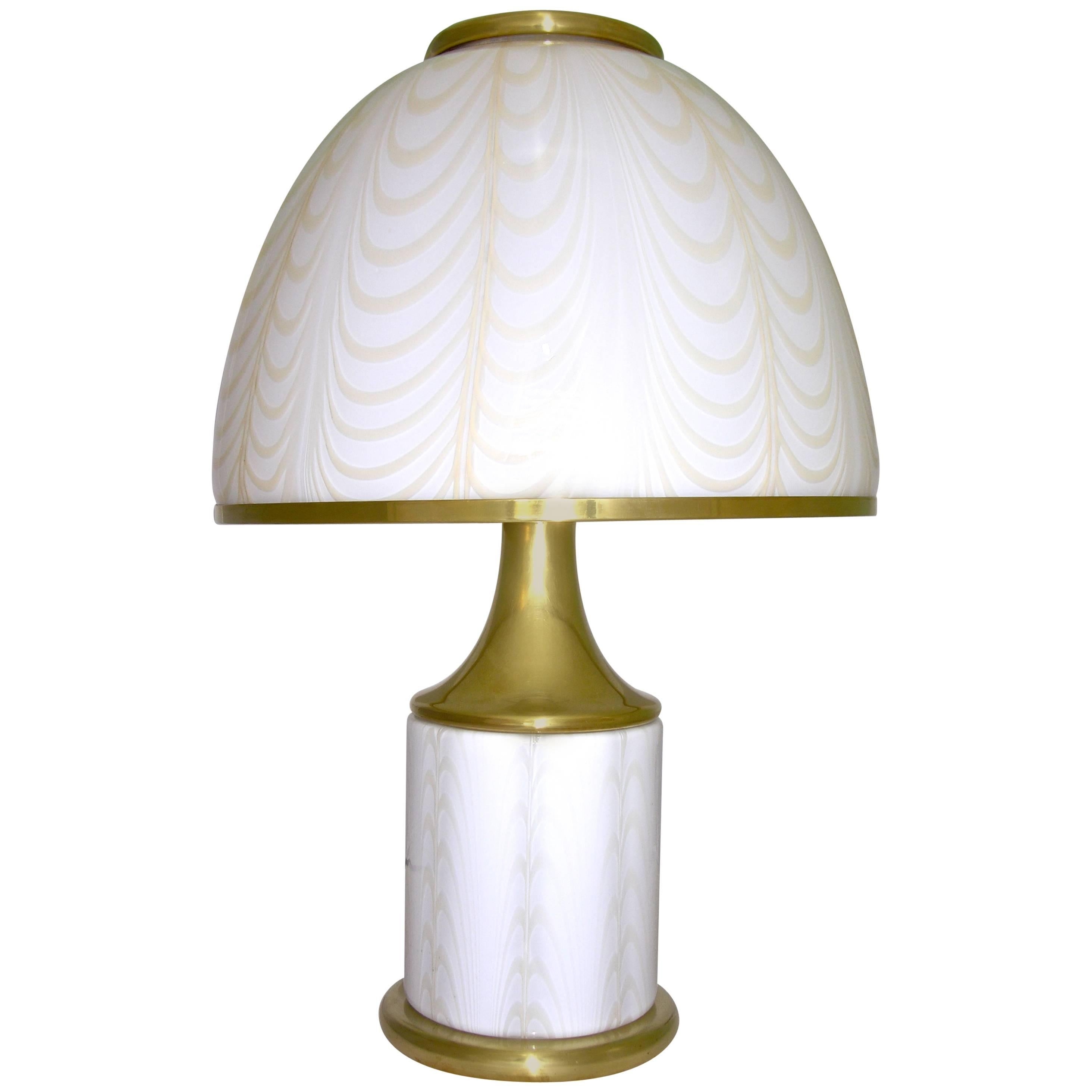 1970s Fabbian by Mazzega Double Lit White and Gold Glass Round Table Lamp