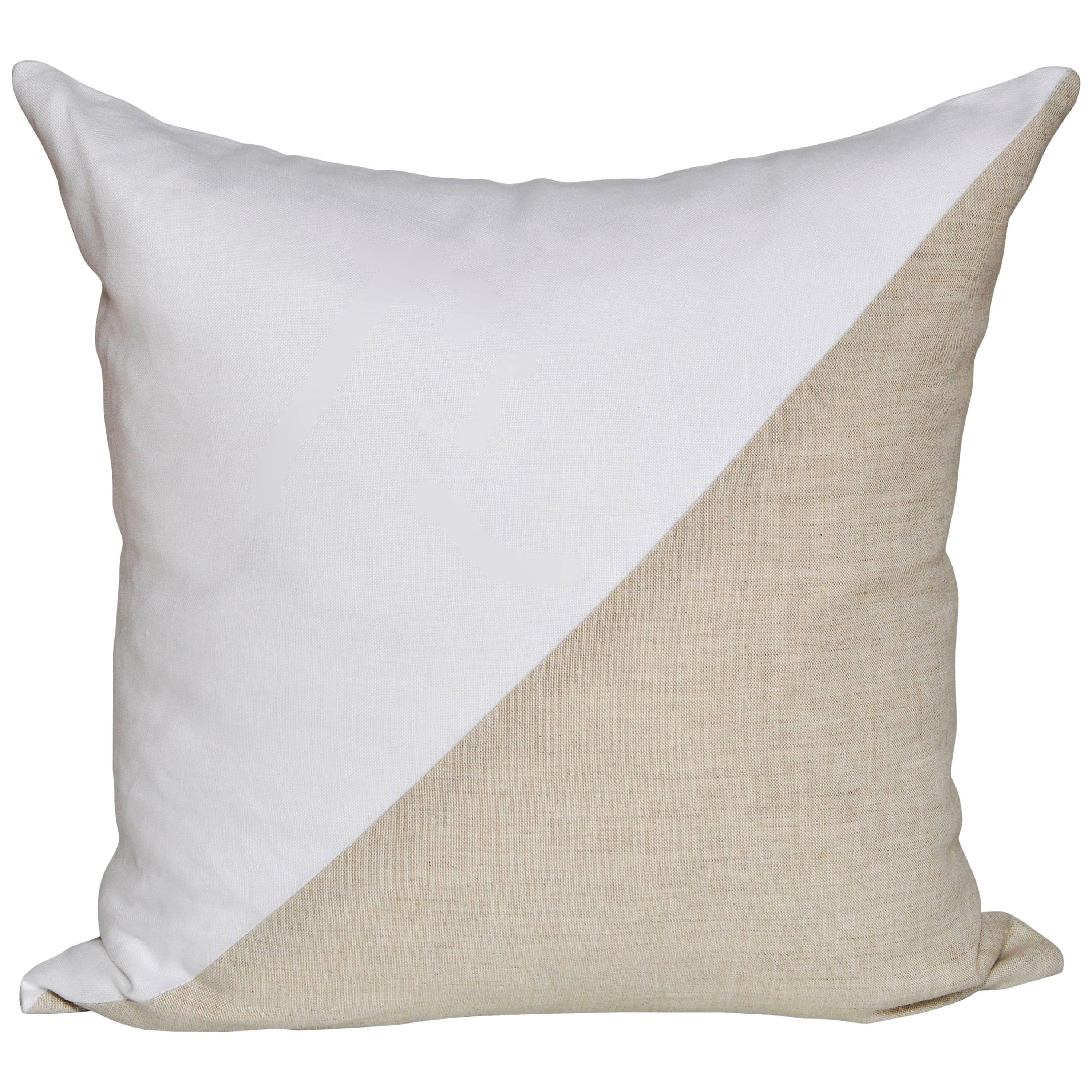 Large Irish Linen Geometric Cushion in Vintage White and Natural Oatmeal Pillow For Sale