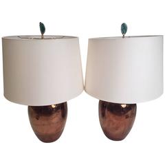 Pair of Ceramic Glazed Copper Lamps with Agate Finials