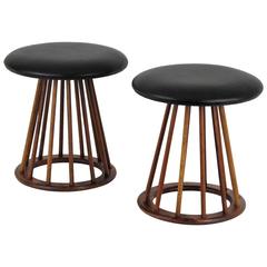 Pair of Walnut and Leather Spindle Stools by Arthur Umanoff