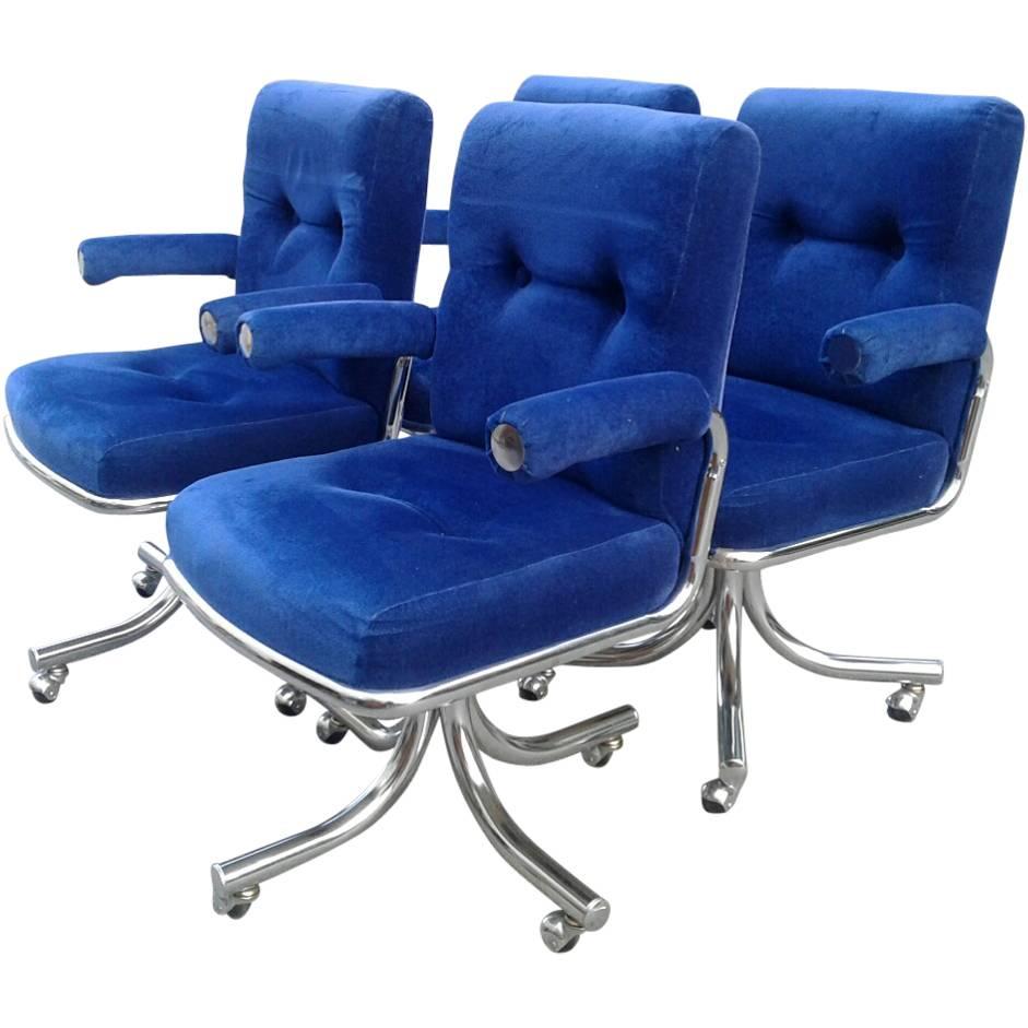 Chrome Swivel Arm Chairs Vintage Blue Desk Dining Hollywood Regency Individually