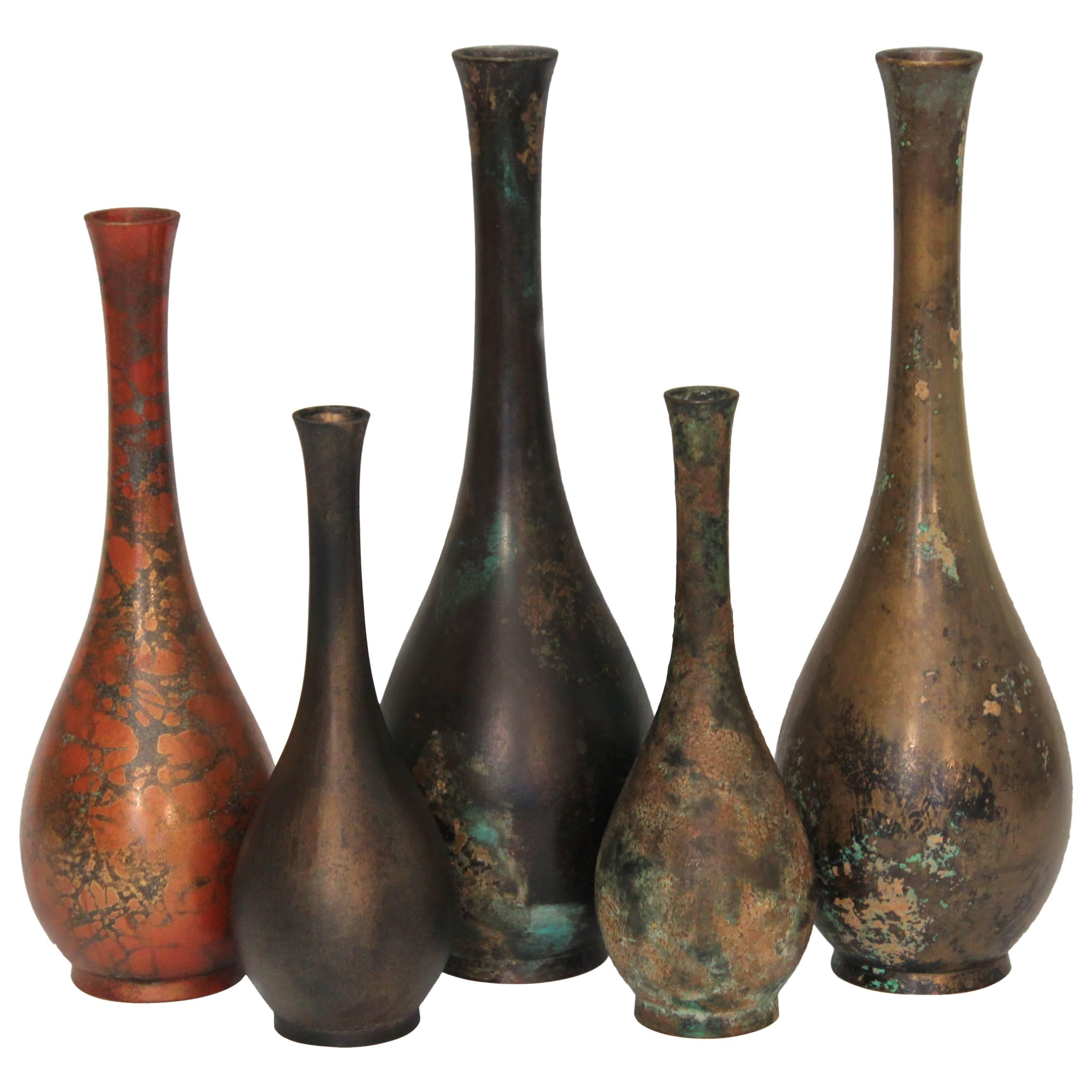 Collection of Five Vintage Japanese Patinated Bronze Bottle Vases