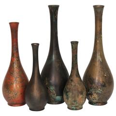 Collection of Five Vintage Japanese Patinated Bronze Bottle Vases