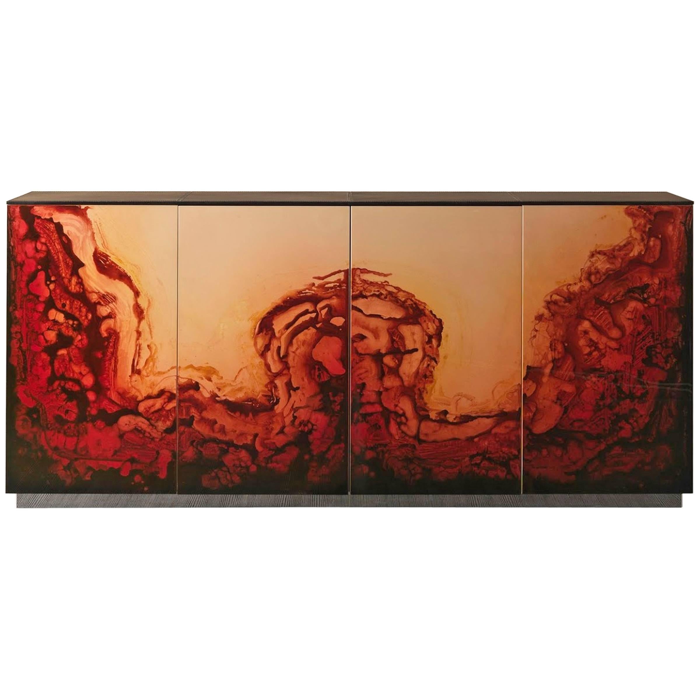 Fusion Sideboard Polished Lacquered and Leather Top For Sale