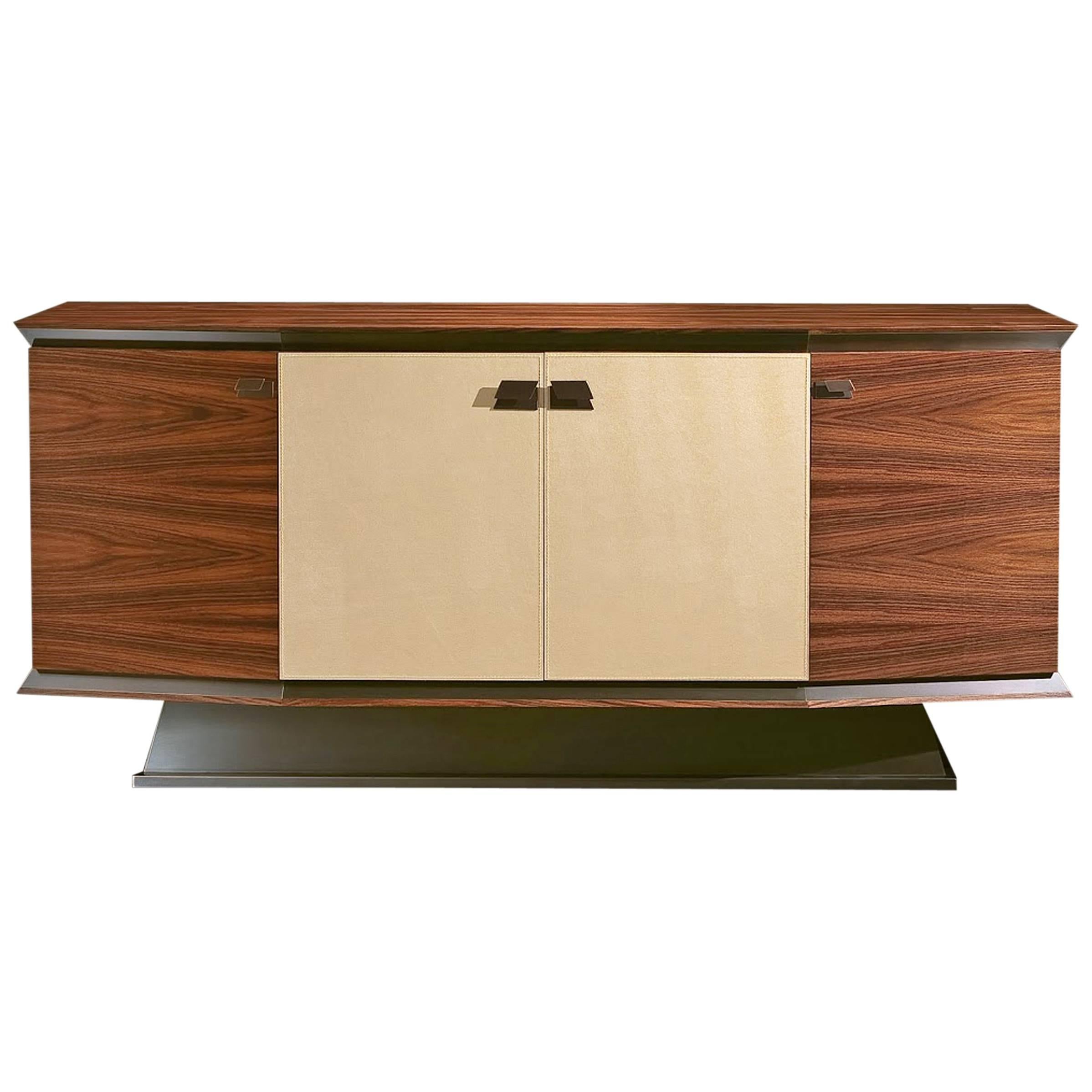Virginia Sideboard in Brushed Steel Rosewood and Leather Doors  For Sale