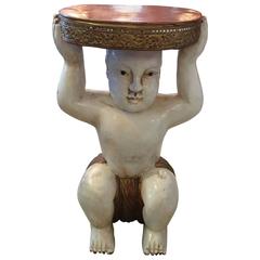 Tony Duquette Style Carved Wood Buddha Drinks Side Table