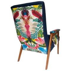 Mid-Century Modern Armchair with Teak Armrests, Upholstered in Christian Lacroix