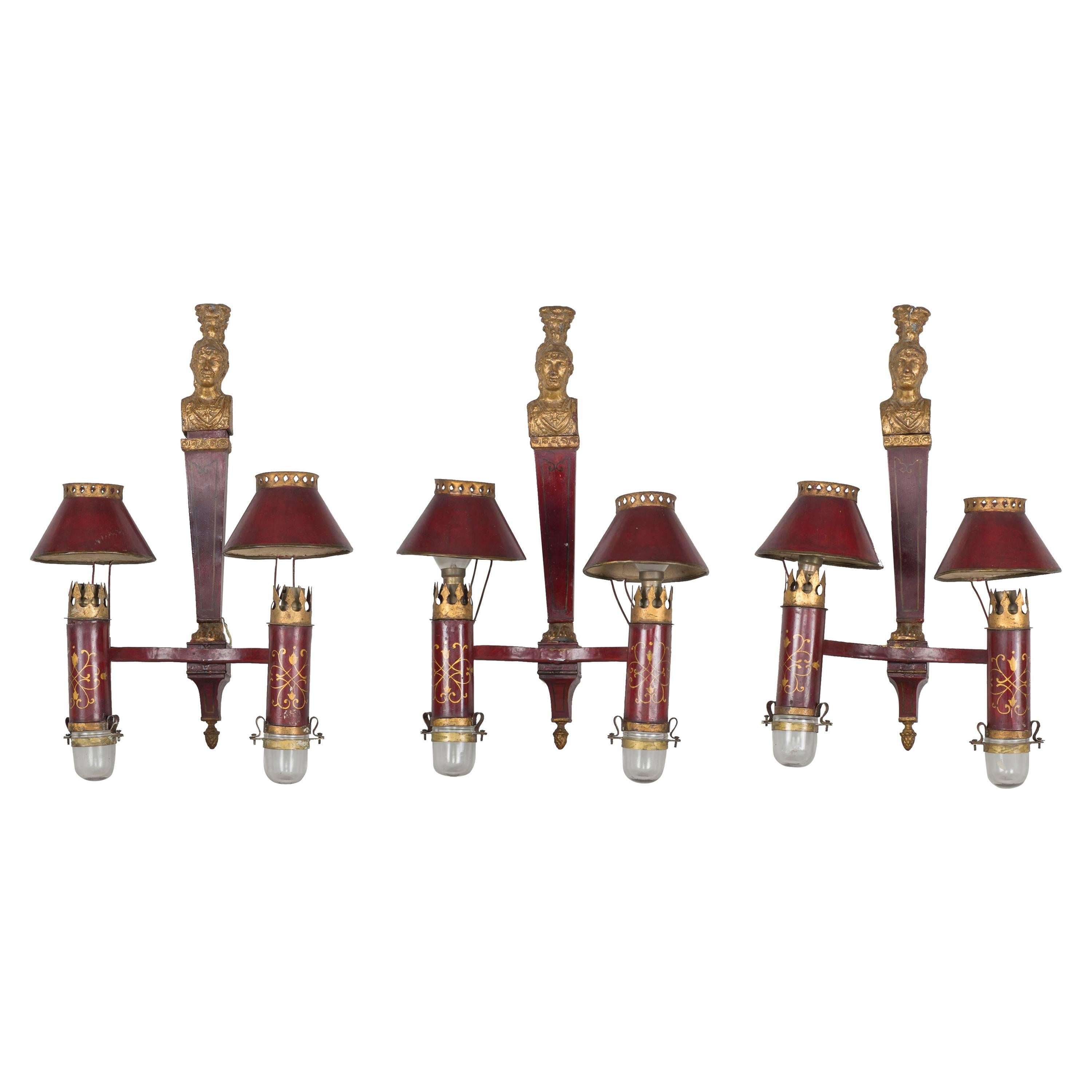 Set of Three Red Sheet Metals Sconces For Sale