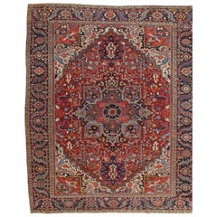 Antique Heriz Northwest Persian Carpet, Handmade Rug, Navy, Light Blue, Red