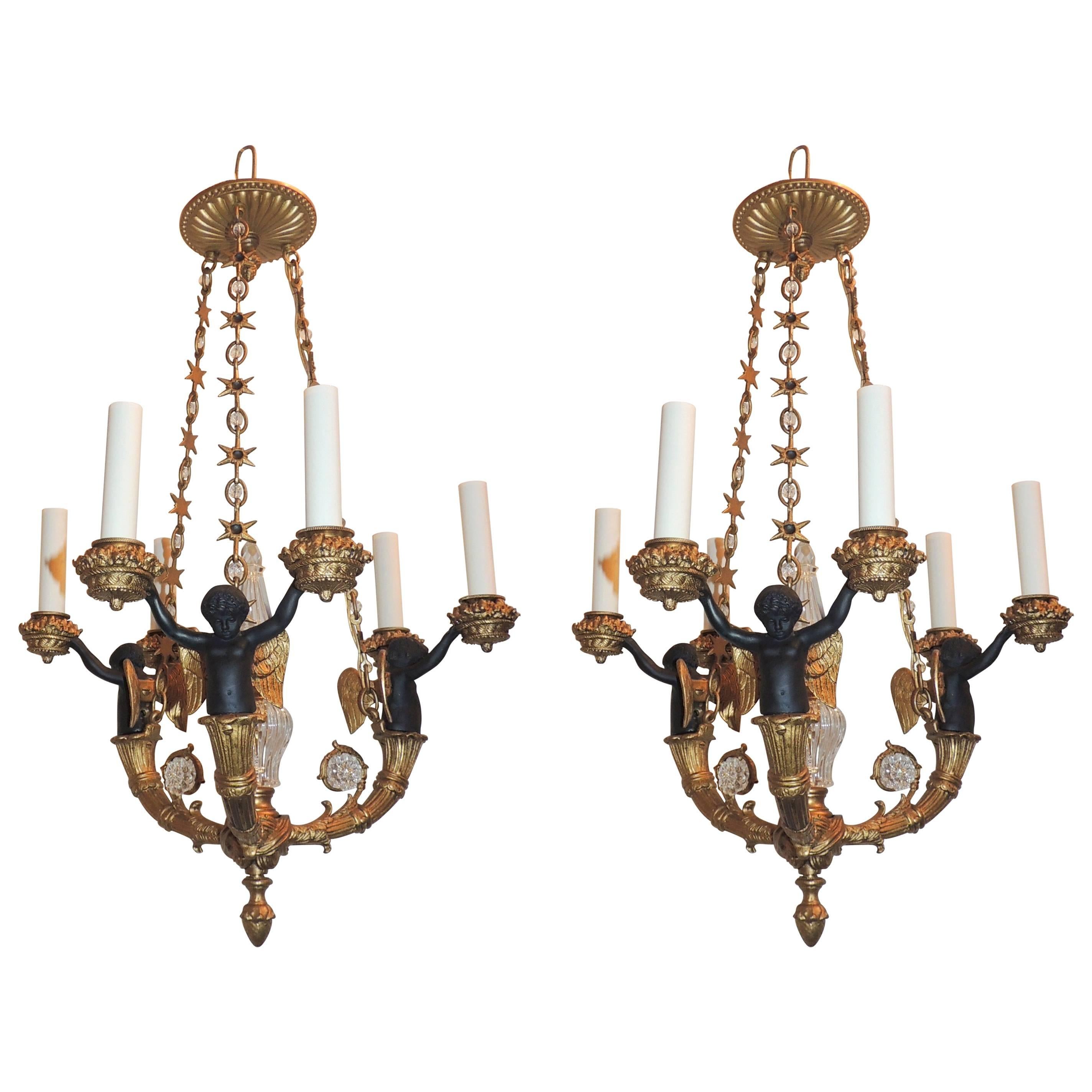 Wonderful Pair French Doré Bronze Crystal Patinated Cherubs Putti Chandeliers