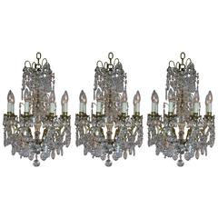Antique Set of Three Crystal and Bronze Chandelier