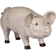 Antique Glazed Terra Cotta Sculpture of a Happy Pig