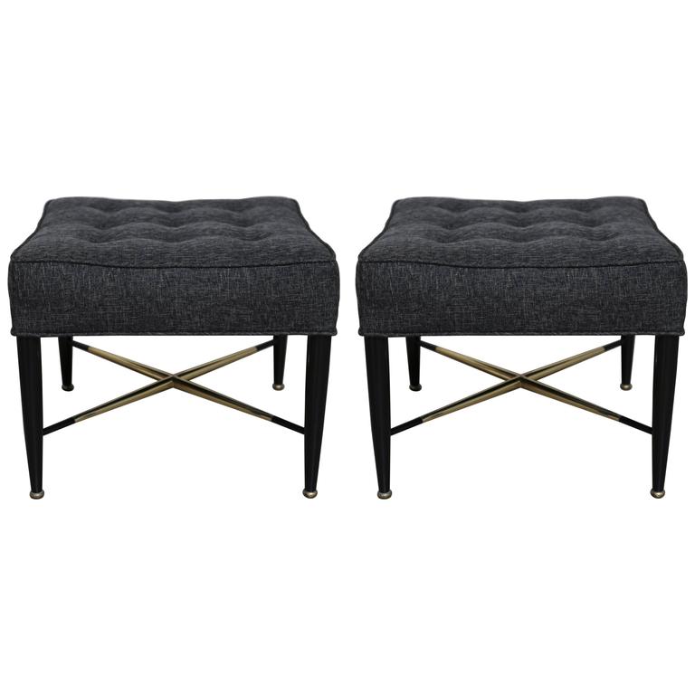 Pair of Tufted X-Base Stools For Sale at 1stdibs