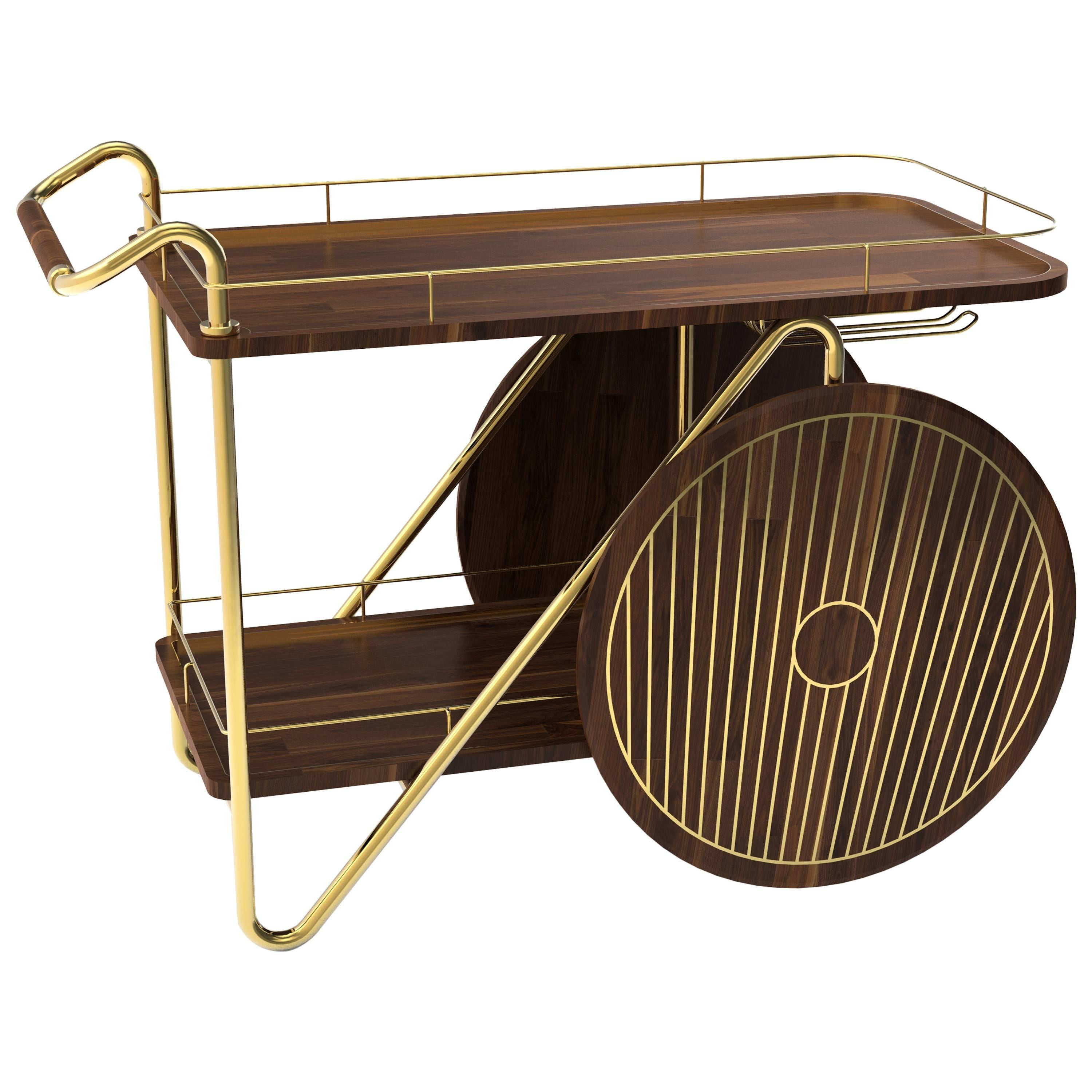 European Mid-Century Modern Walnut Wood and Brass Durell Drinks Bar Cart For Sale
