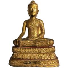 Thai Rattanakosin Lacquered Gilt Bronze Image of Buddha Maravijaya