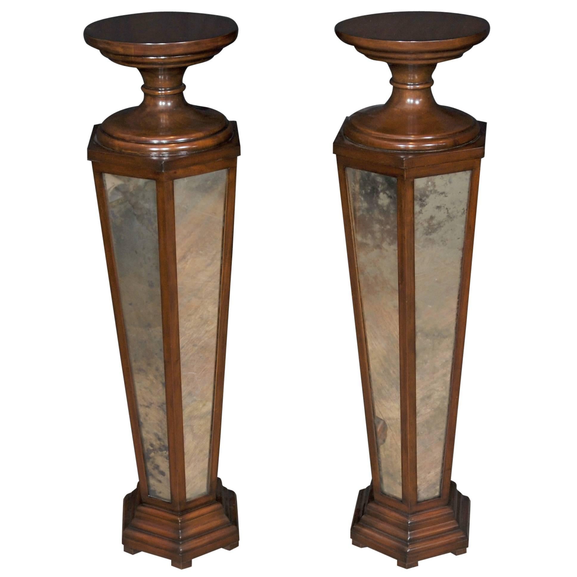 Pair of Art Deco Style Mirrored Pedestal Stands For Sale
