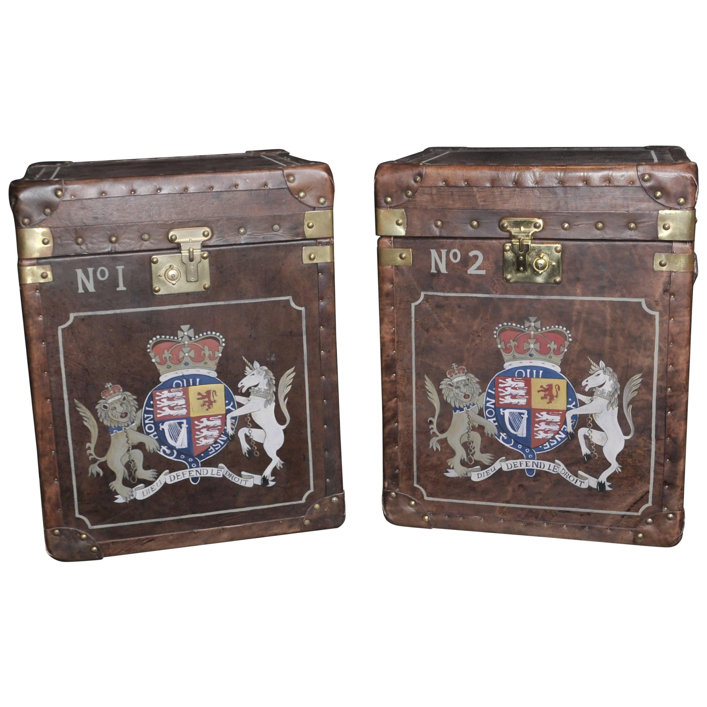 Pair of Leather Steamer Trunk Side Tables Boxes Luggage Case For Sale