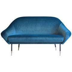 Dark Blue Italian Two-Seat Sofa, 1950s, Reupholstered