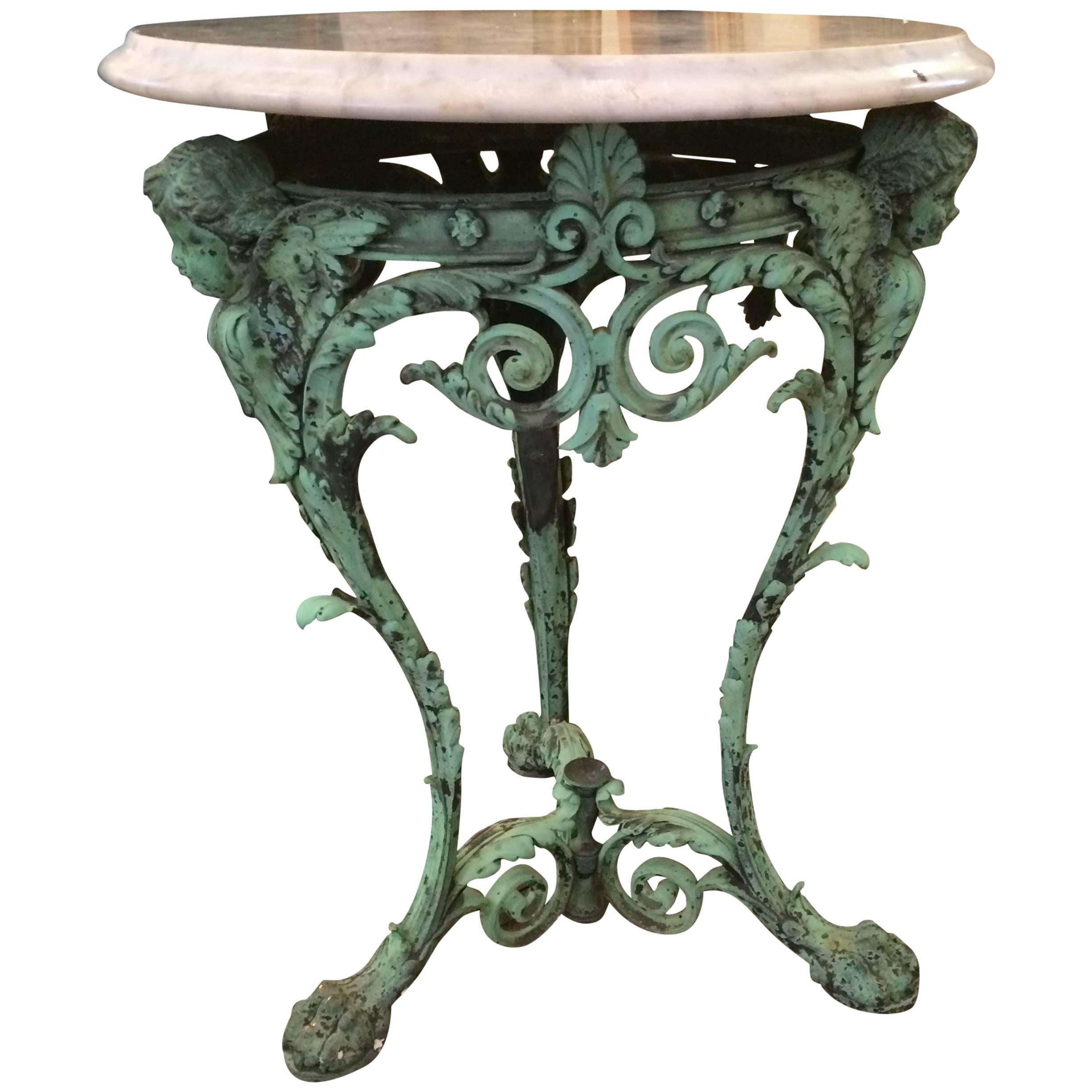 Exquisite Verdigris French Putti and Marble Side Table