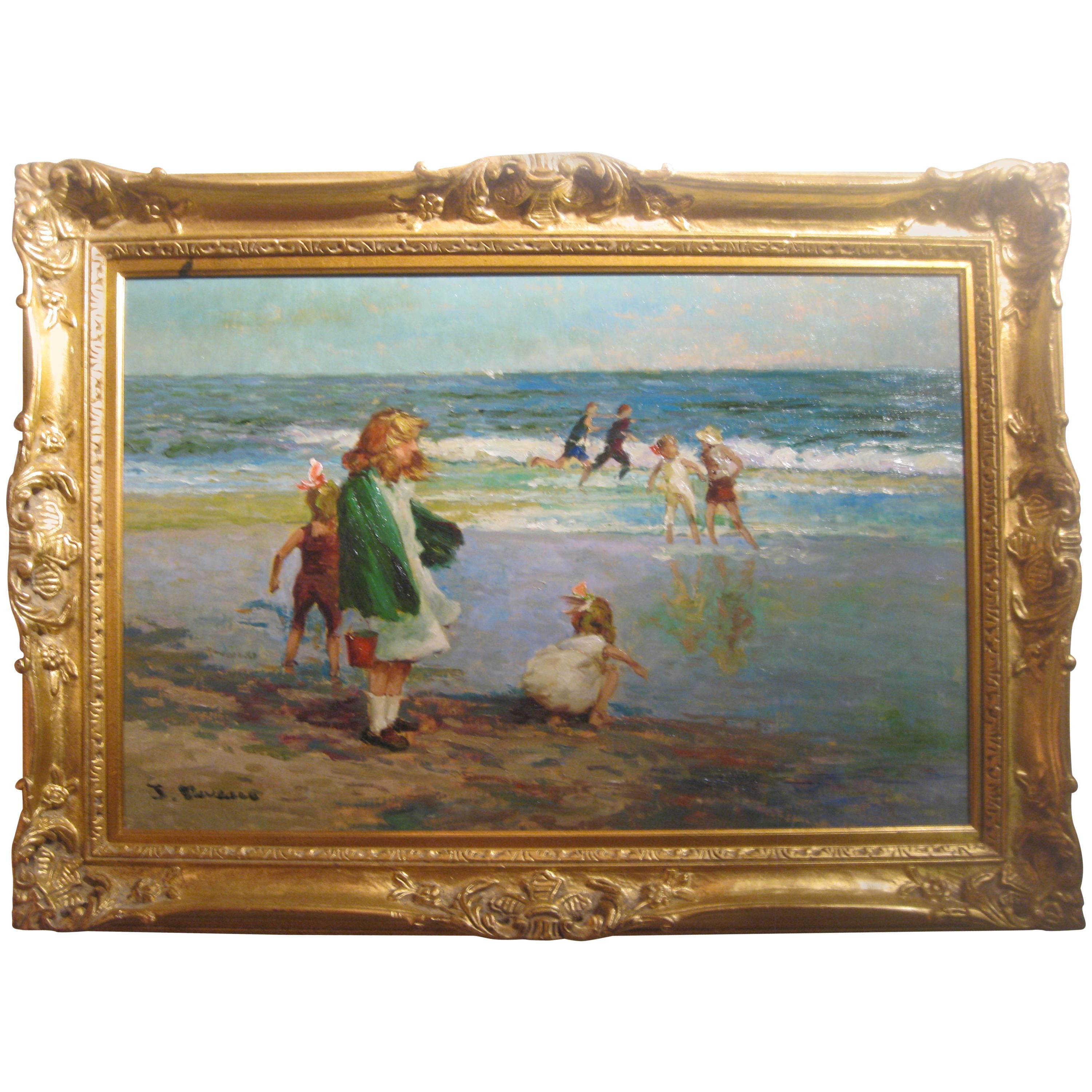 "Children at the Beach" Oil Painting in Gilt Frame by Jacques Deveau  (1937-)
