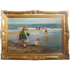 "Children at the Beach" Oil Painting in Gilt Frame by Jacques Deveau (1937-)