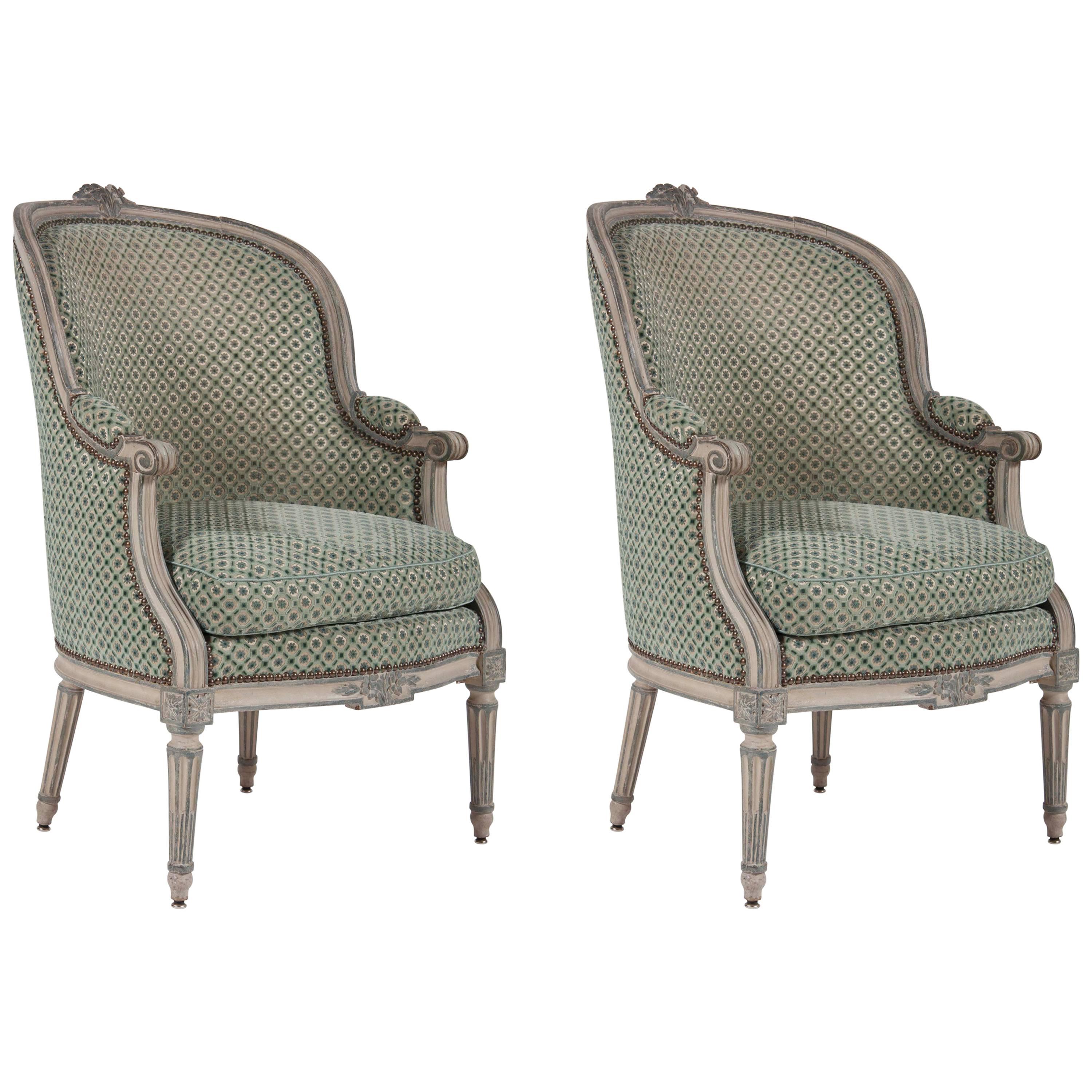 Pair of Louis XVI Blue and Grey Painted Upholstered Bergeres