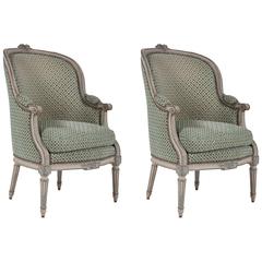 Pair of Louis XVI Blue and Grey Painted Upholstered Bergeres