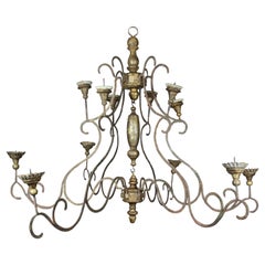 Antique Scandinavian Wrought Iron and Giltwood Chandelier