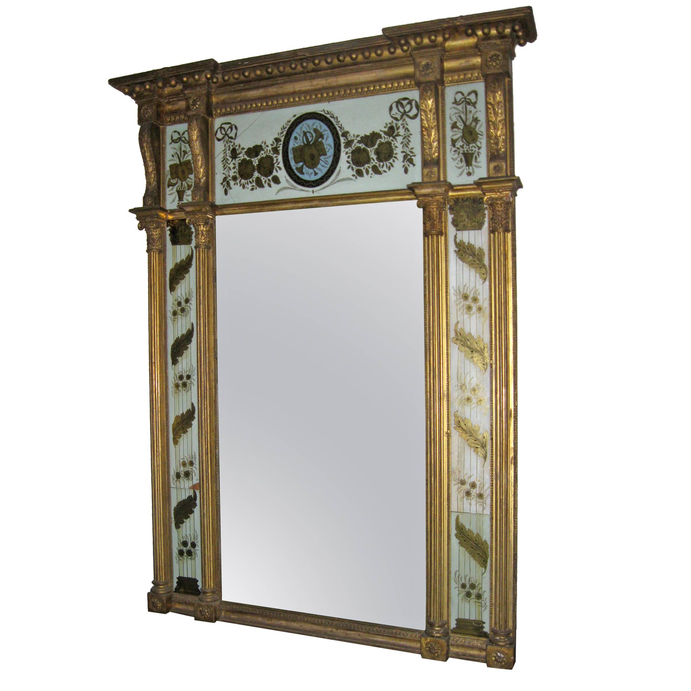 19th century American Classical Federal Monumental Eglomise Overmantel Mirror For Sale