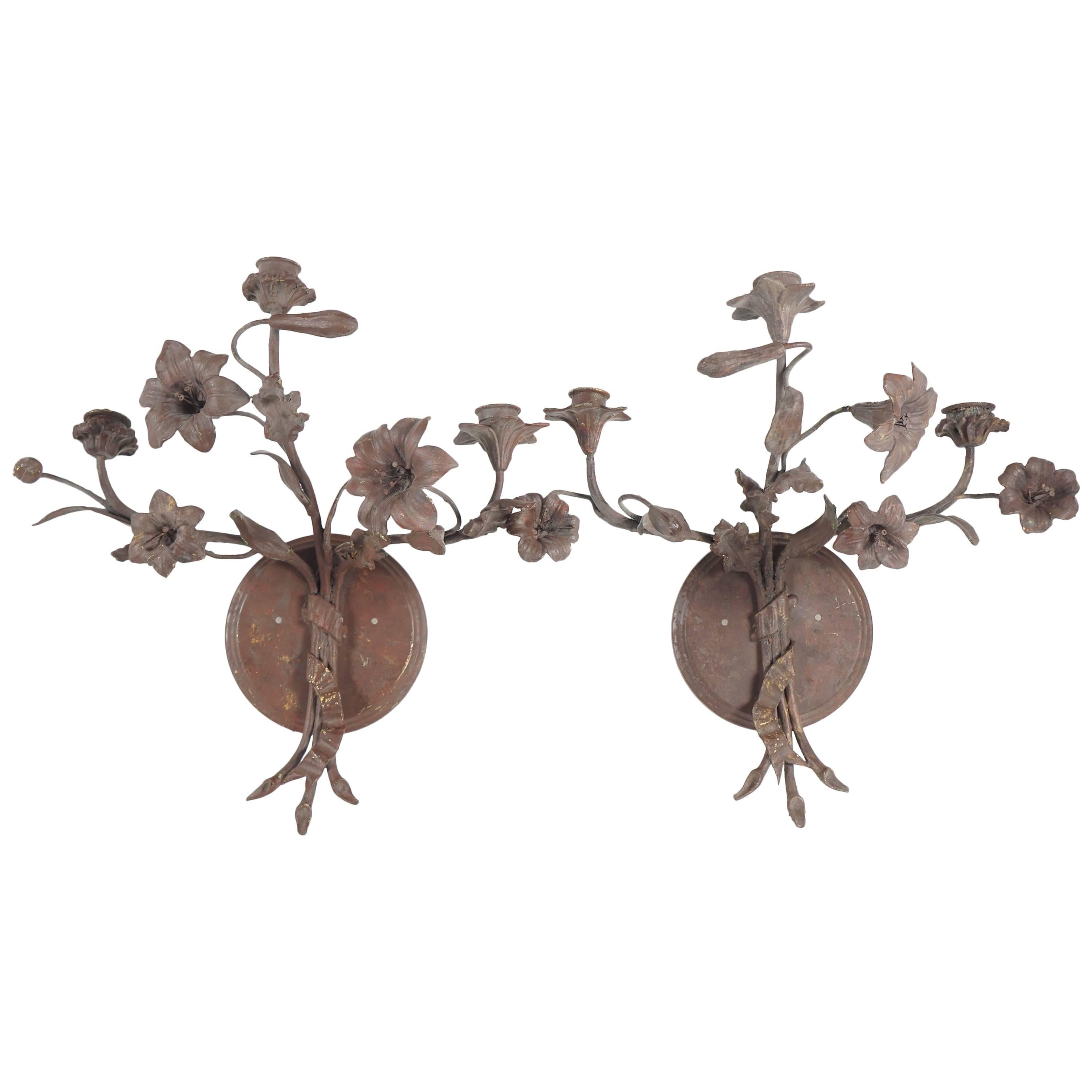 Three-Light Tole Peinte French Floral Sconces from the Estate of Bunny Mellon