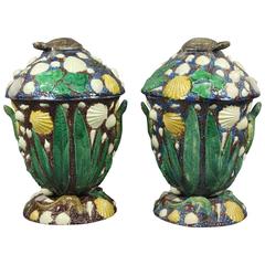 Pair of George Pull Palissy Ware Jars and Covers