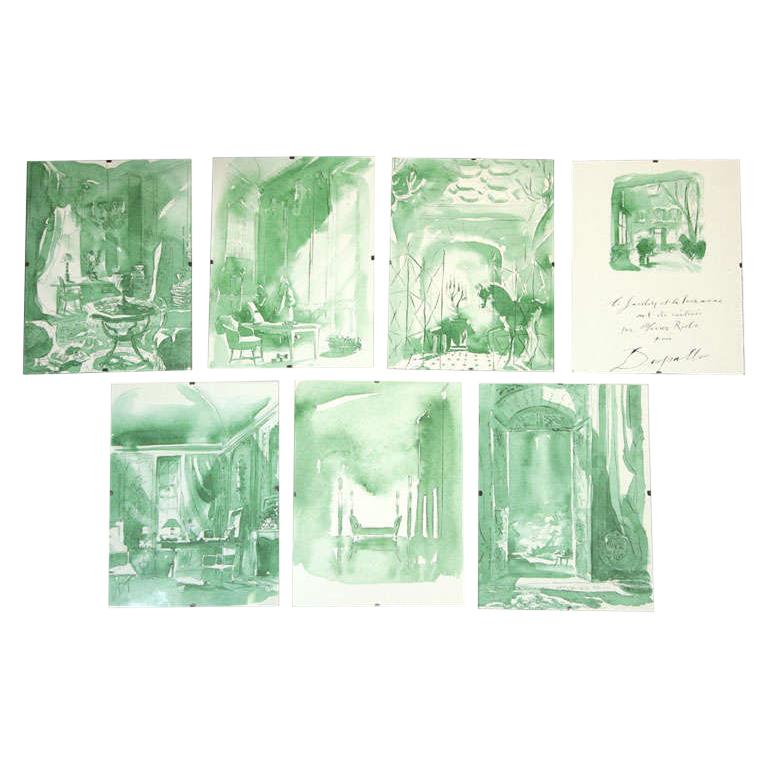 Set of 7 French Watercolor Renderings